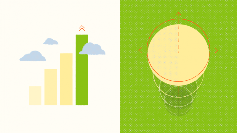 Graph bars climbing into clouds on the left, blueprint of a tall structure on the right