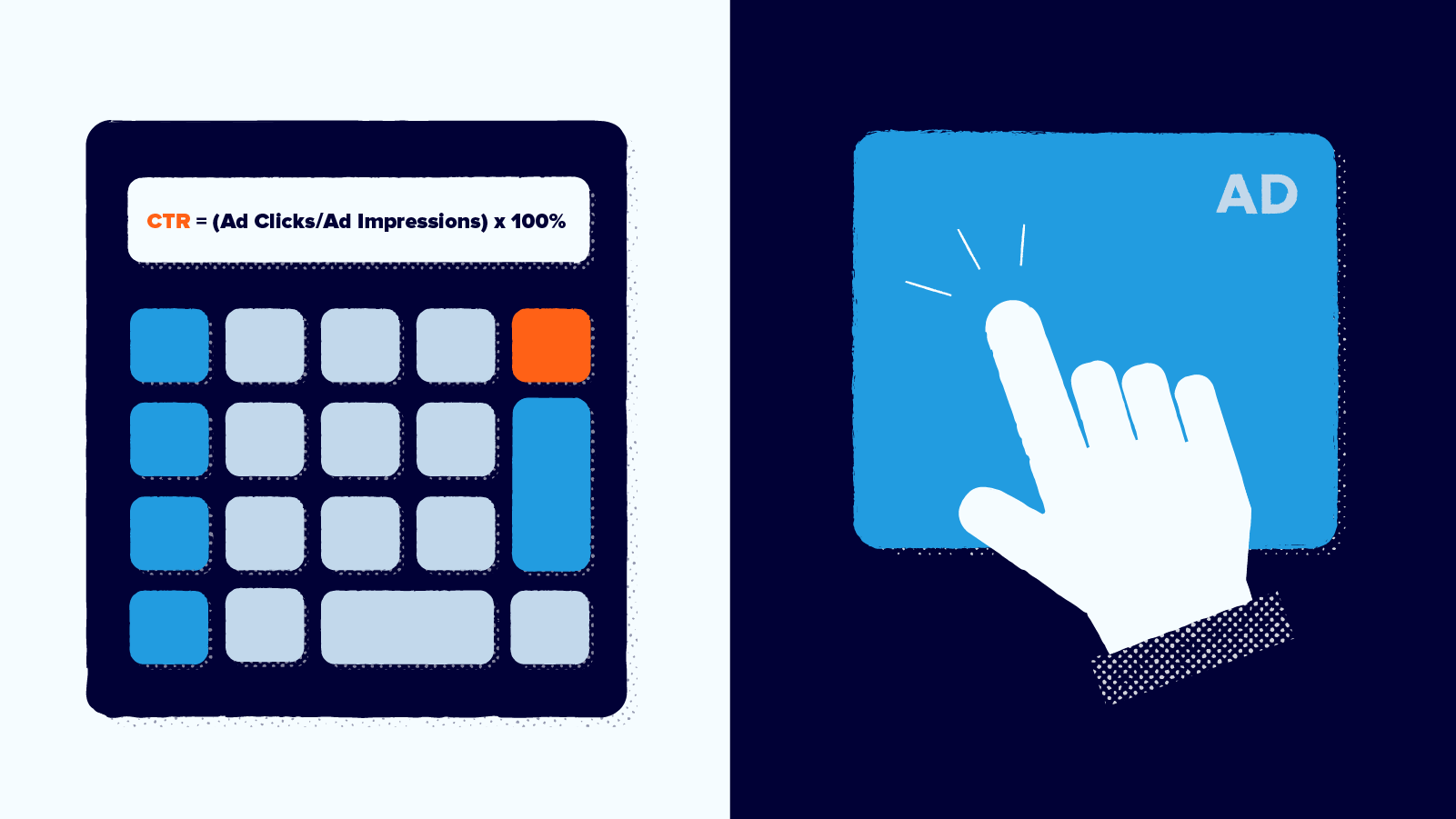 Illustrated ad click and calculator with CTR math formula