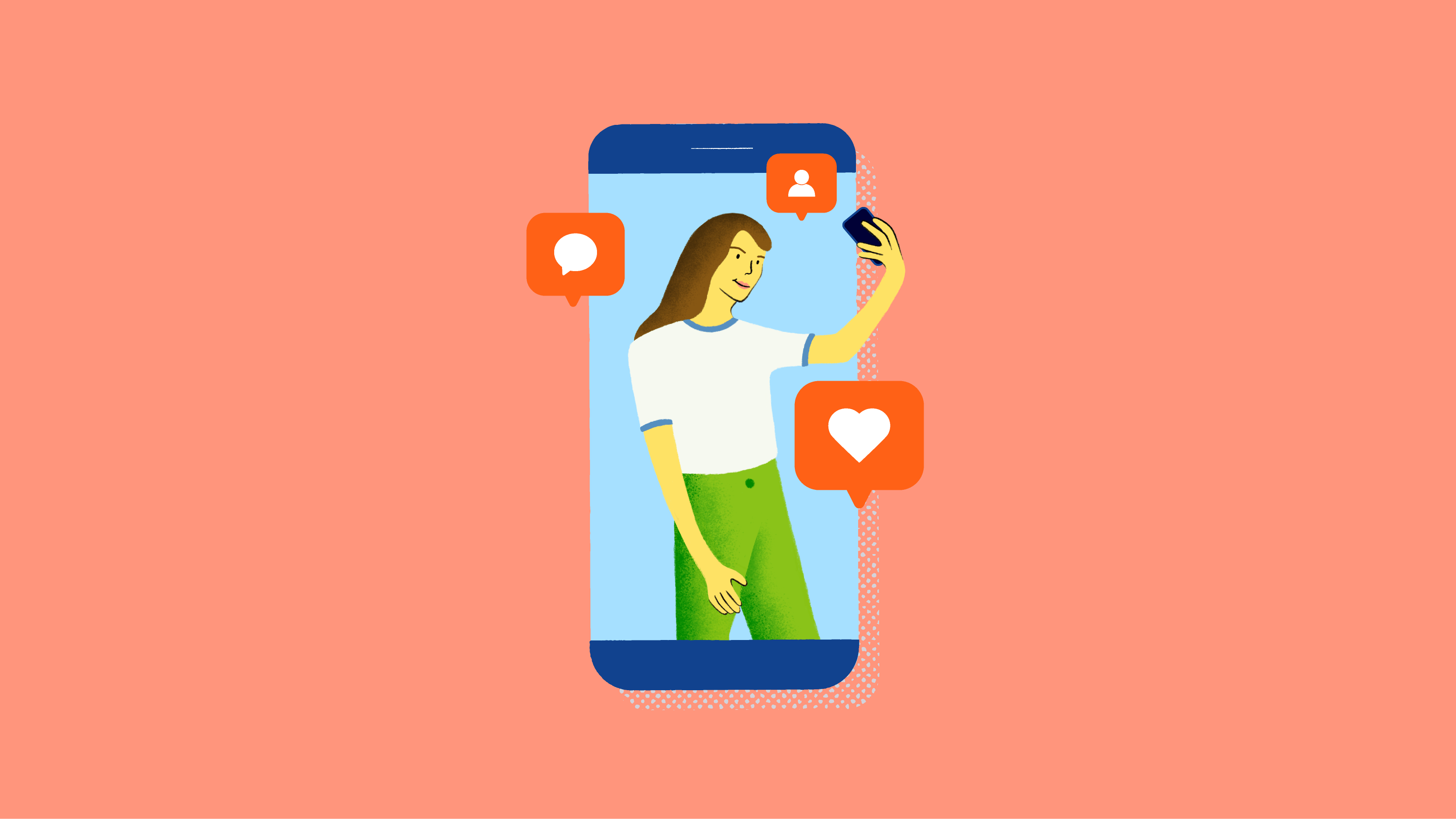 Illustrated influencer with social media reacts displayed on a mobile device