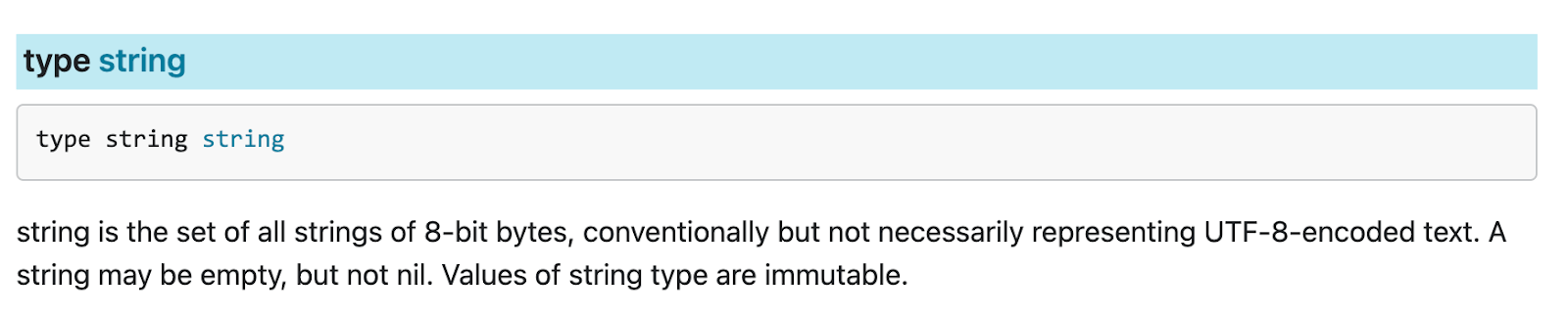 Go docs showing type string code example, description, syntax