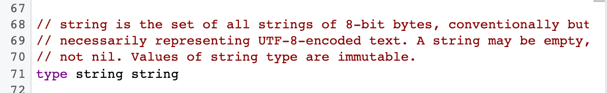 Source code showing type string description, syntax, code example in source code