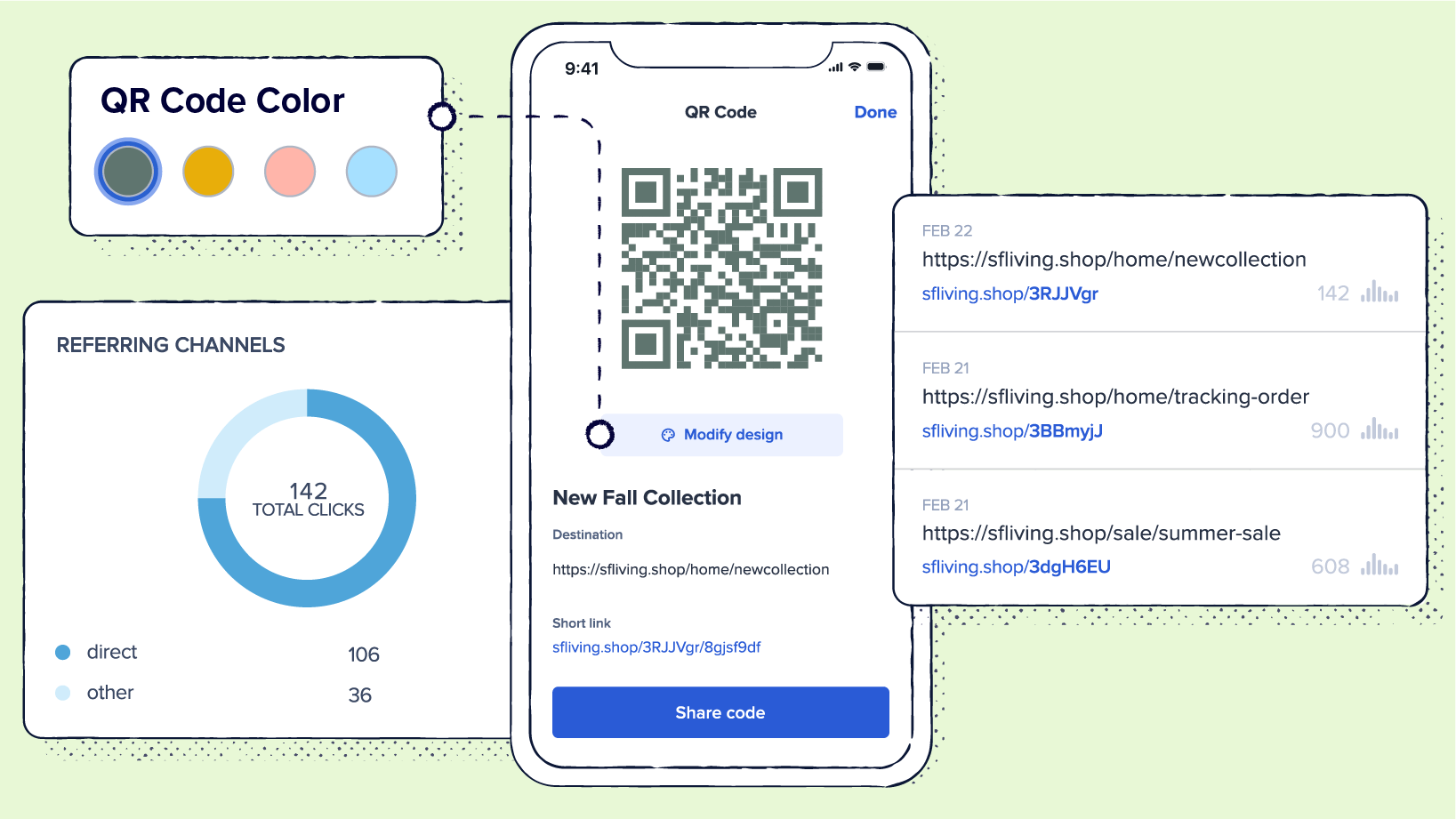 Graphic showing QR Code creation and customization in the Bitly mobile app