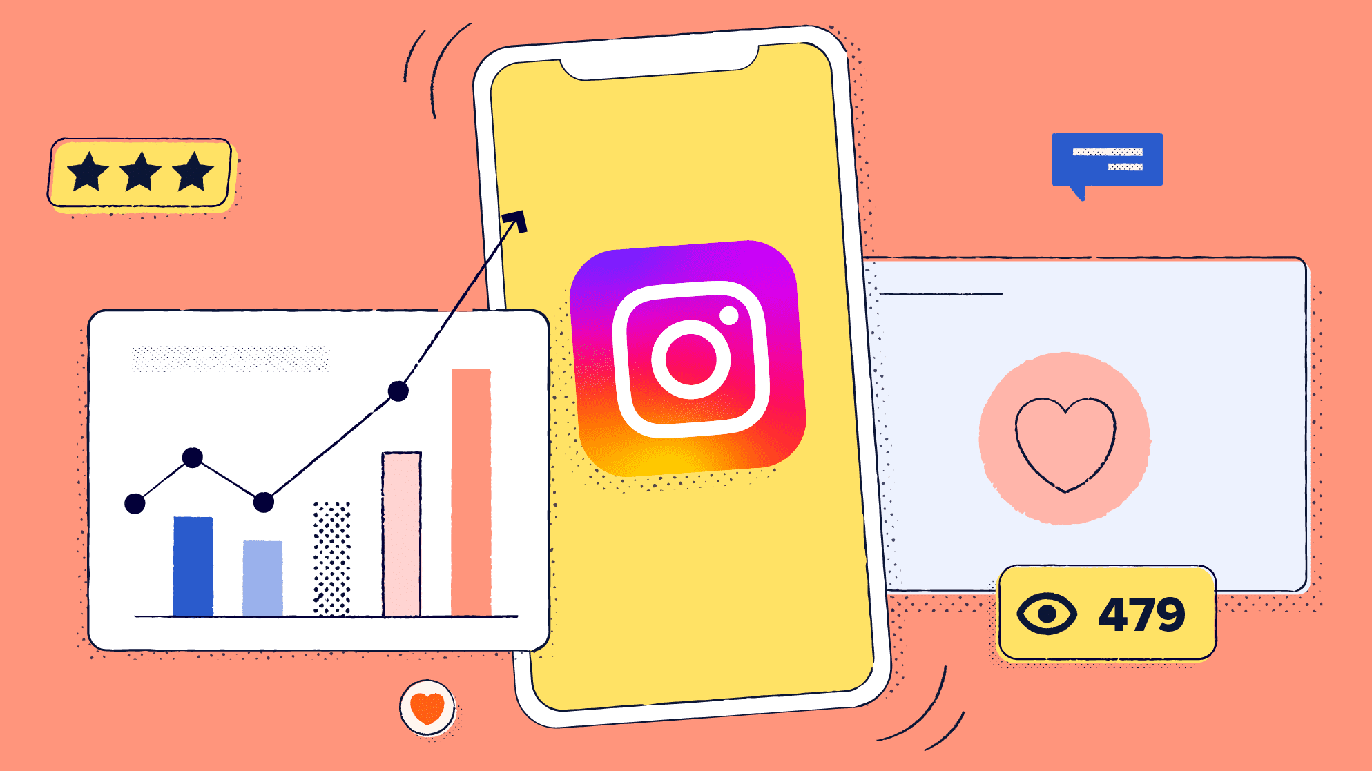 A smartphone with the Instagram logo in the center surrounded by graphs.