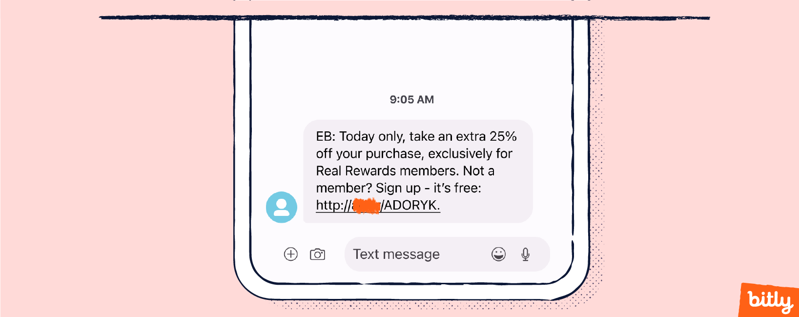 An SMS on a smartphone providing the recipient 25% off their purchase if they sign up.