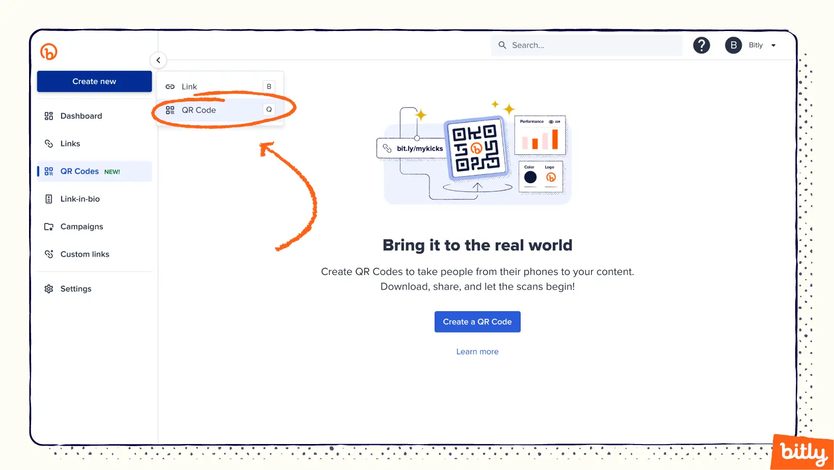 An orange arrow pointing to the words QR Code on the Bitly Dashboard.