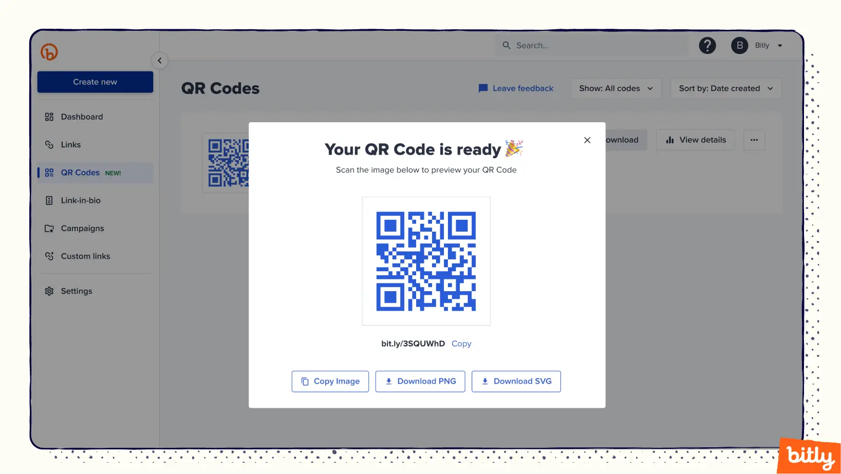 A pop-up window informing a user that their QR Code is ready to use.