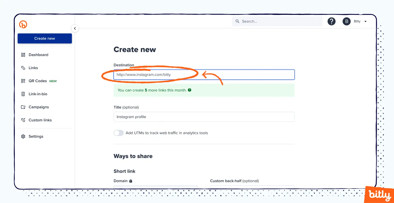 The field on Bitly's link creation where a user can input their destination link.