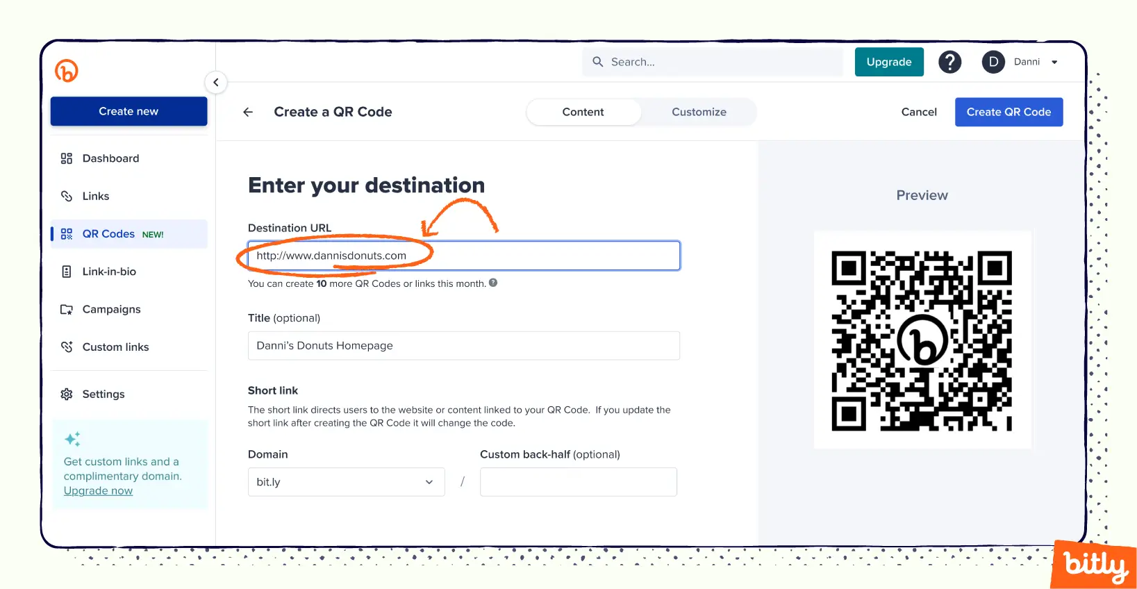 The process of creating a QR Code on Bitly’s platform with Bitly branded QR Code and an orange marker circling around and pointing to the URL destination of Danni's Donuts.