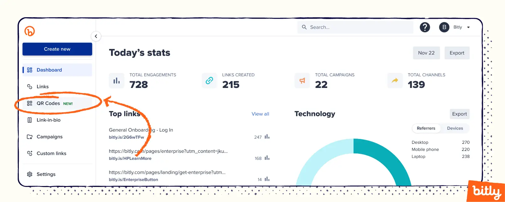 An orange arrow pointing to the QR Codes button on the Bitly Dashboard stats screen.