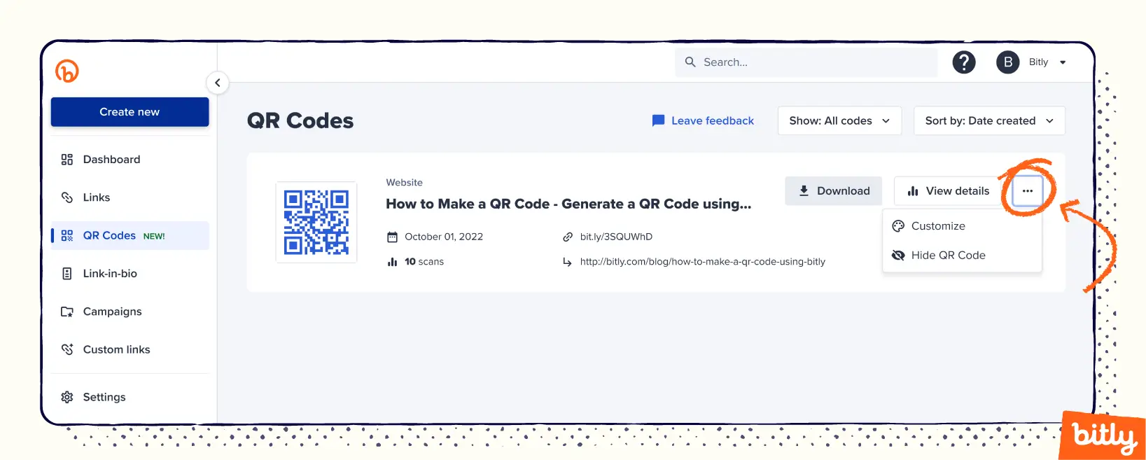 A drop-down menu on the Bitly Dashboard allowing you to customize or hide your QR Codes.