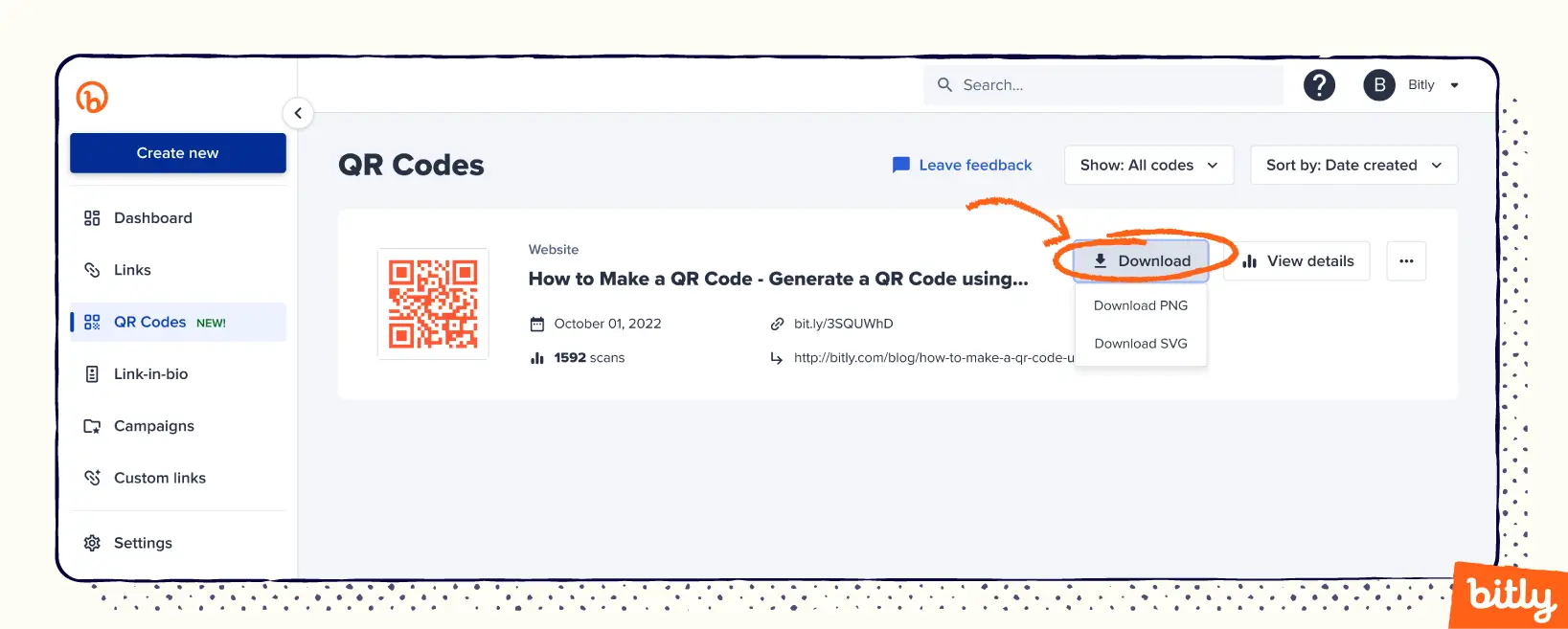 An orange arrow indicating the Download button for Bitly QR Codes.