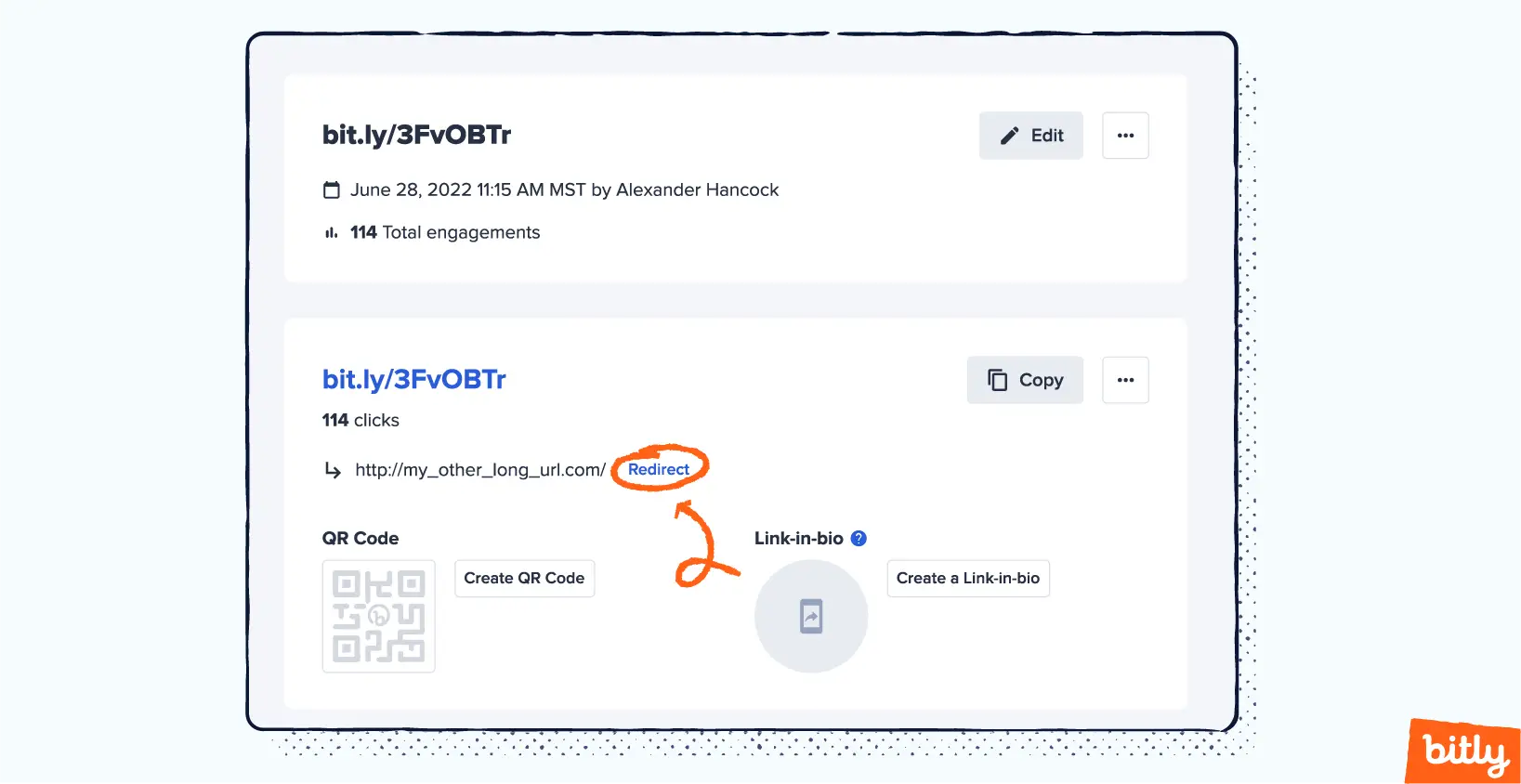 An orange arrow pointing out the redirect feature in the Bitly app.