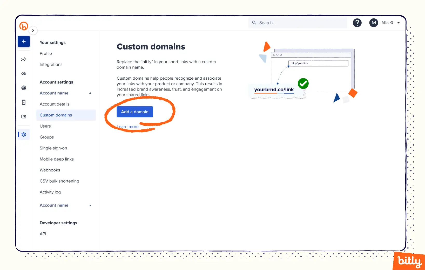 The settings tab in the Bitly app showing a user how to add a custom domain.