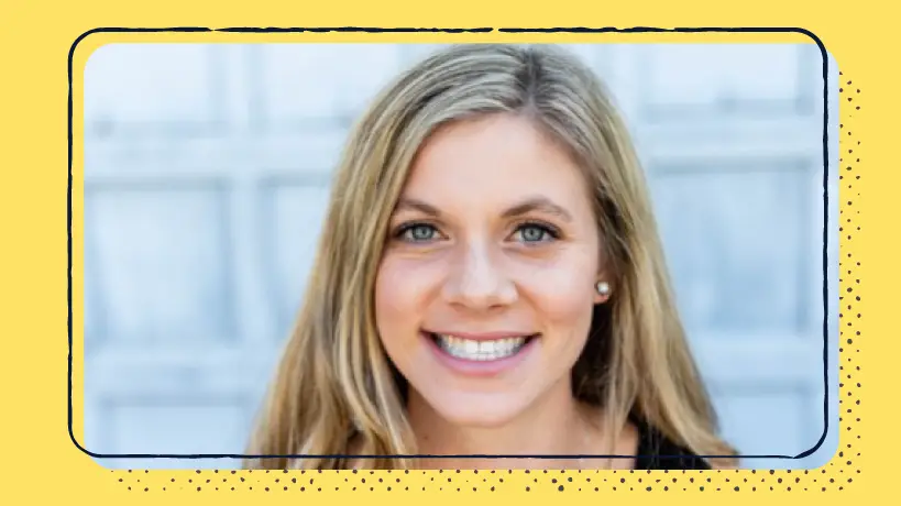 A photo of a blonde woman on a yellow background.