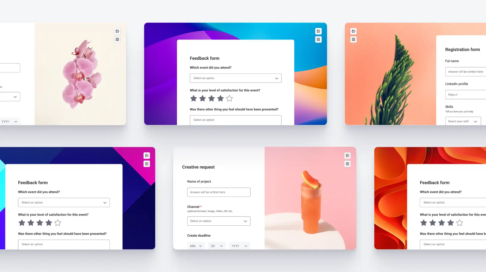 A view of different types of forms, like a creative request and a feedback form.