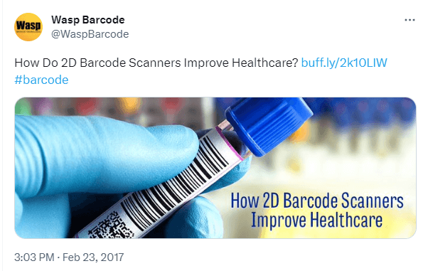 A tweet from Wasp Barcode showing a gloved hand holding a vial with a barcode on it.