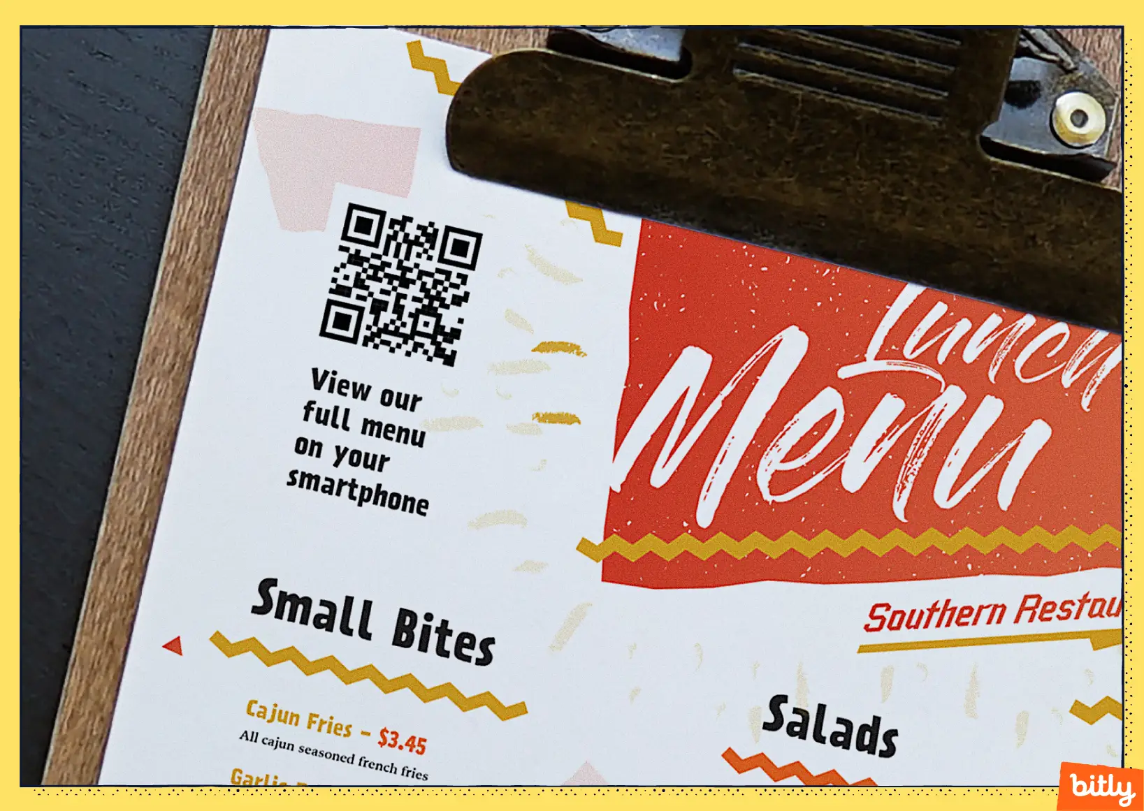 A menu for a restaurant featuring a QR Code.