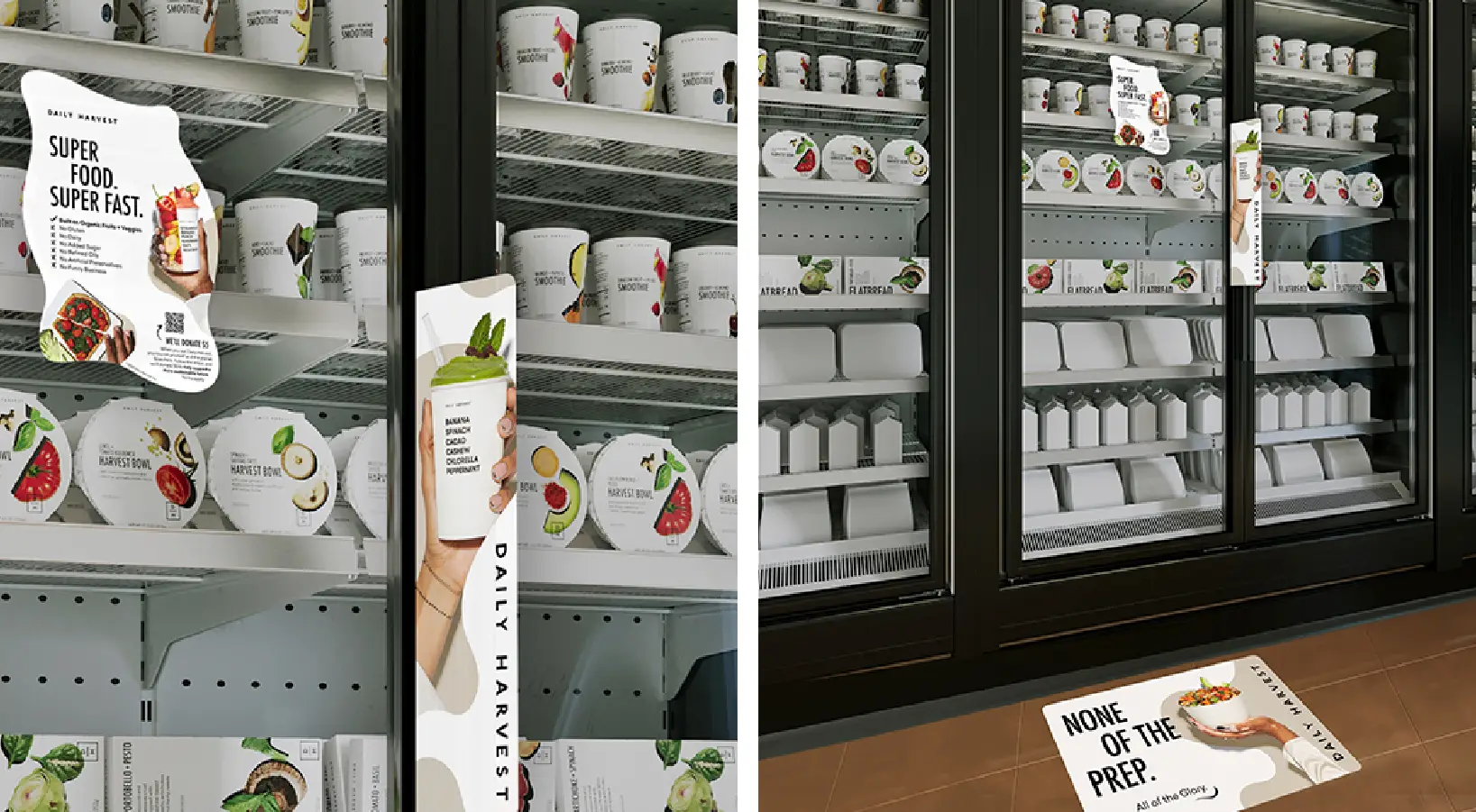 Two images side by side showcasing Daily Harvest food in a Kroger grocery store with stickers on the door that feature a QR Code.