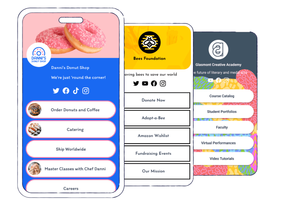 Three microsites featuring Danni’s Donut Shop, the Bees Foundation, and Glasmont Creative Academy created with Bitly Link-in-bio.