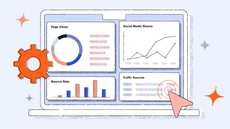 A laptop showing various content analytics metrics.