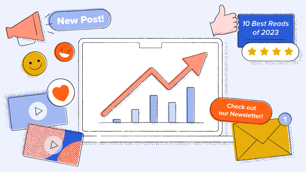 A bar graph trending upwards next to visual representations of types of content.