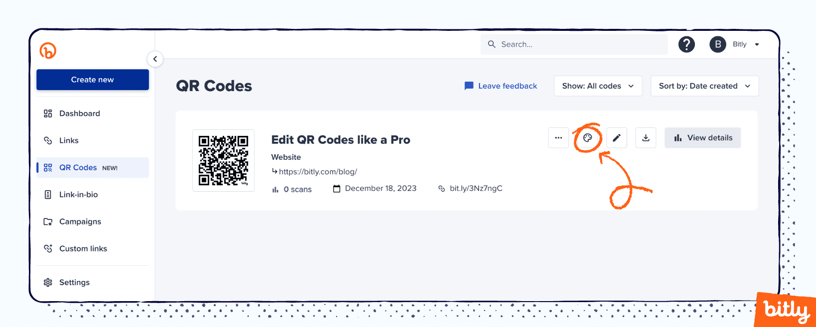 QR Code on the Bitly Dashboard with the design icon circled for emphasis