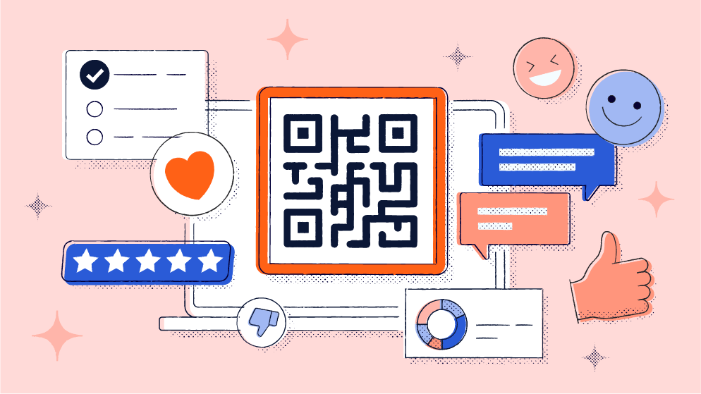 QR Code surrounded by star rating reviews, thumbs up or thumbs down, checkmarks, smiley faces, and charts to represent feedback from surveys