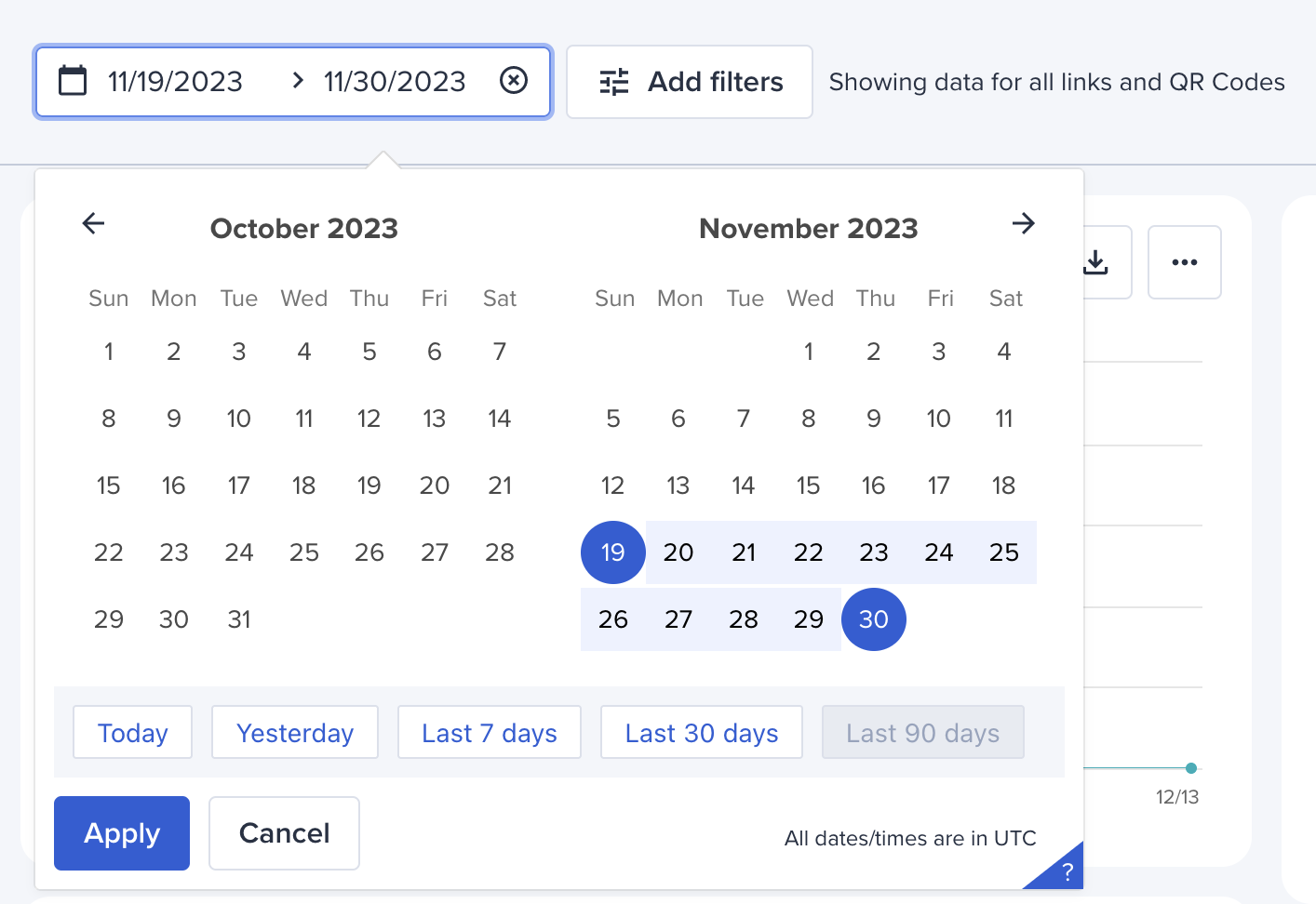 View within Bitly Analytics showing the customizable timeframe for looking at data within the platform. 