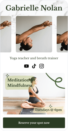 Image gallery of a woman doing yoga with social media icons in the middle, and a call to action at the bottom of the landing page.  