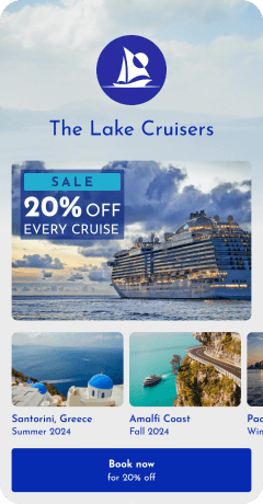 Mobile landing page showcasing a sale on their boat cruises.